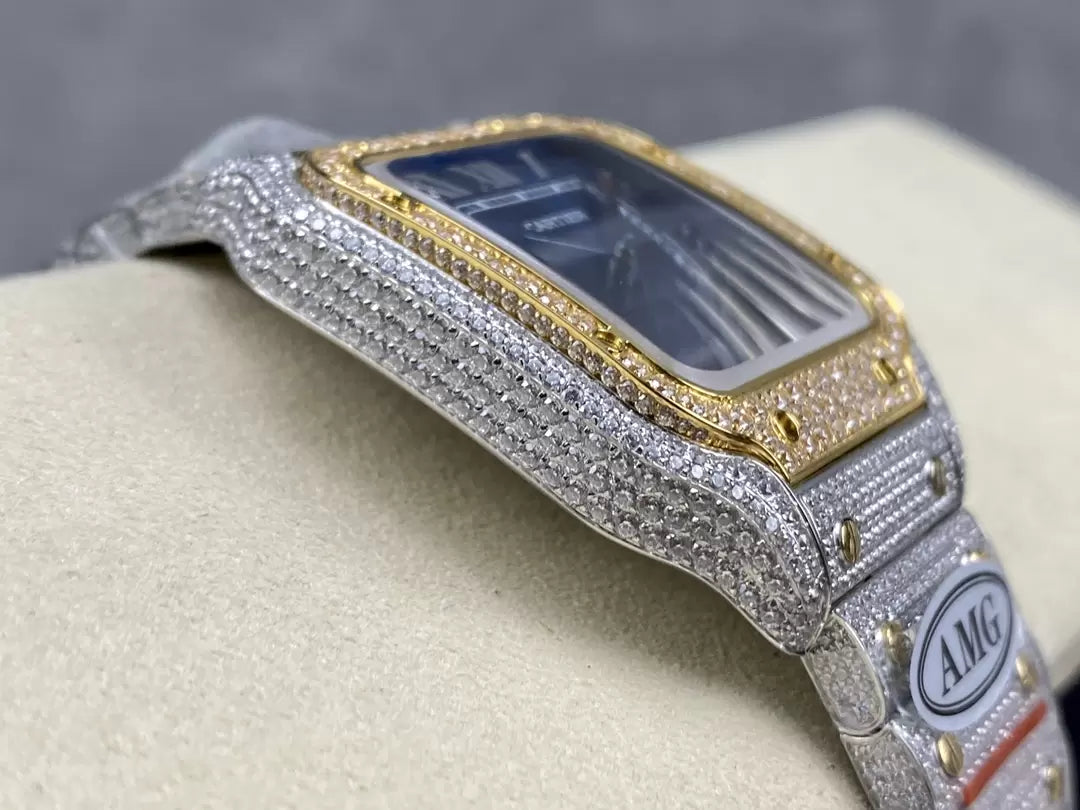 Montres Santos De Cartier Diamond Cadran Bleu et Or 1:1 Meilleure Édition AMG Factory Swarovski Stone