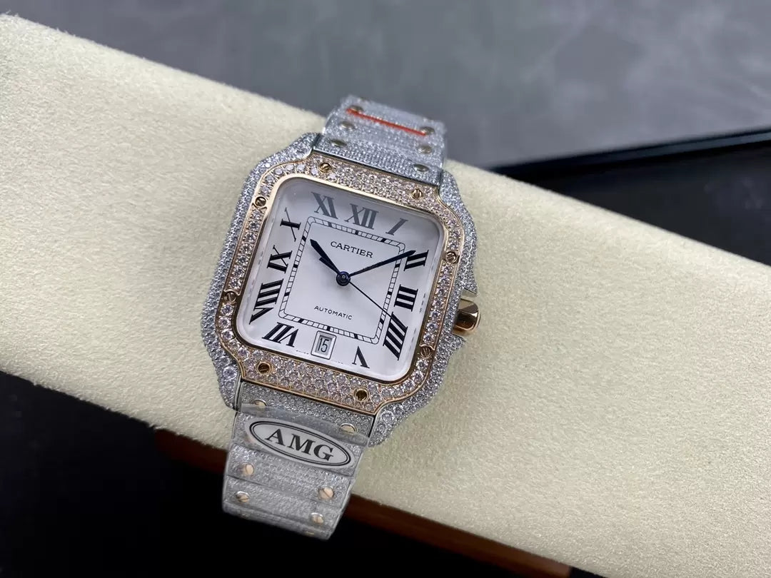 Montres Santos De Cartier Diamond Cadran Blanc 1:1 Meilleure Édition AMG Factory Swarovski Stone