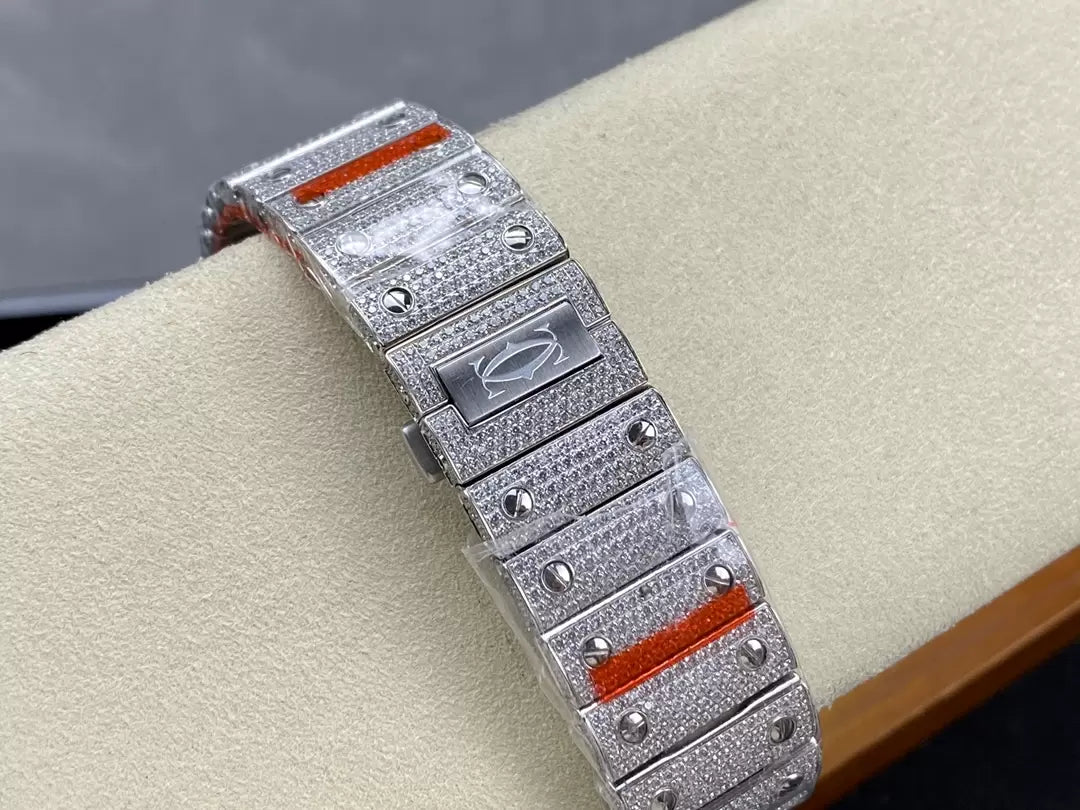 Montres Santos De Cartier Diamond Cadran Bleu et Argent 1:1 Meilleure Édition AMG Factory Swarovski Stone