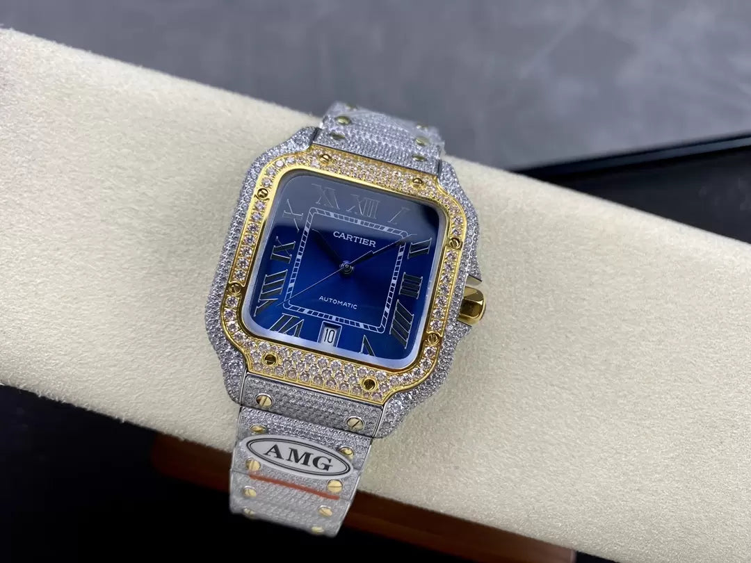 Montres Santos De Cartier Diamond Cadran Bleu et Or 1:1 Meilleure Édition AMG Factory Swarovski Stone