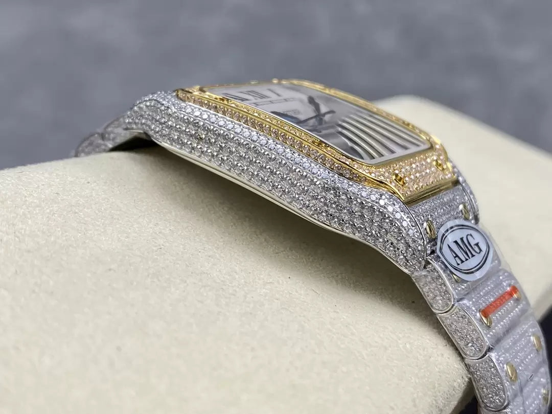 Montres Santos De Cartier Diamond Cadran Blanc et Or 1:1 Meilleure Édition AMG Factory Swarovski Stone