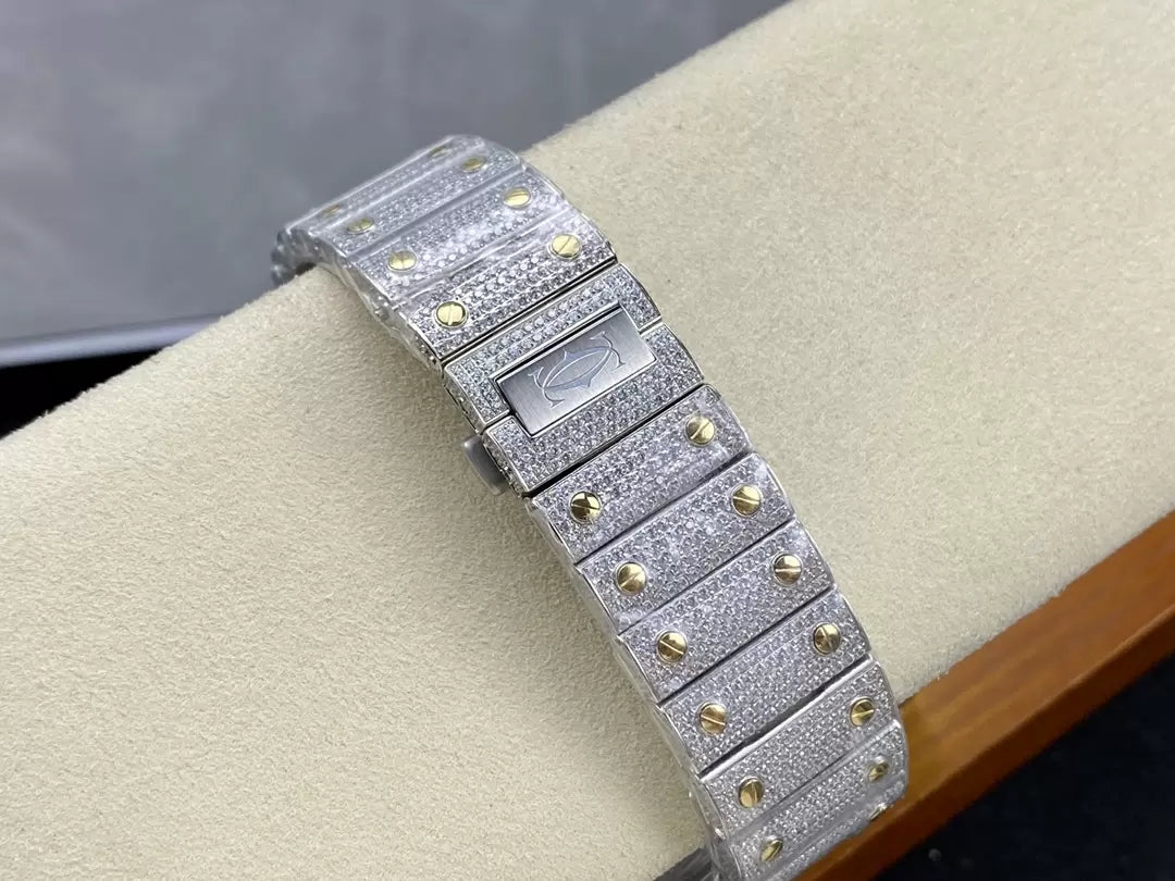 Montres Santos De Cartier Diamond Cadran Blanc et Or 1:1 Meilleure Édition AMG Factory Swarovski Stone