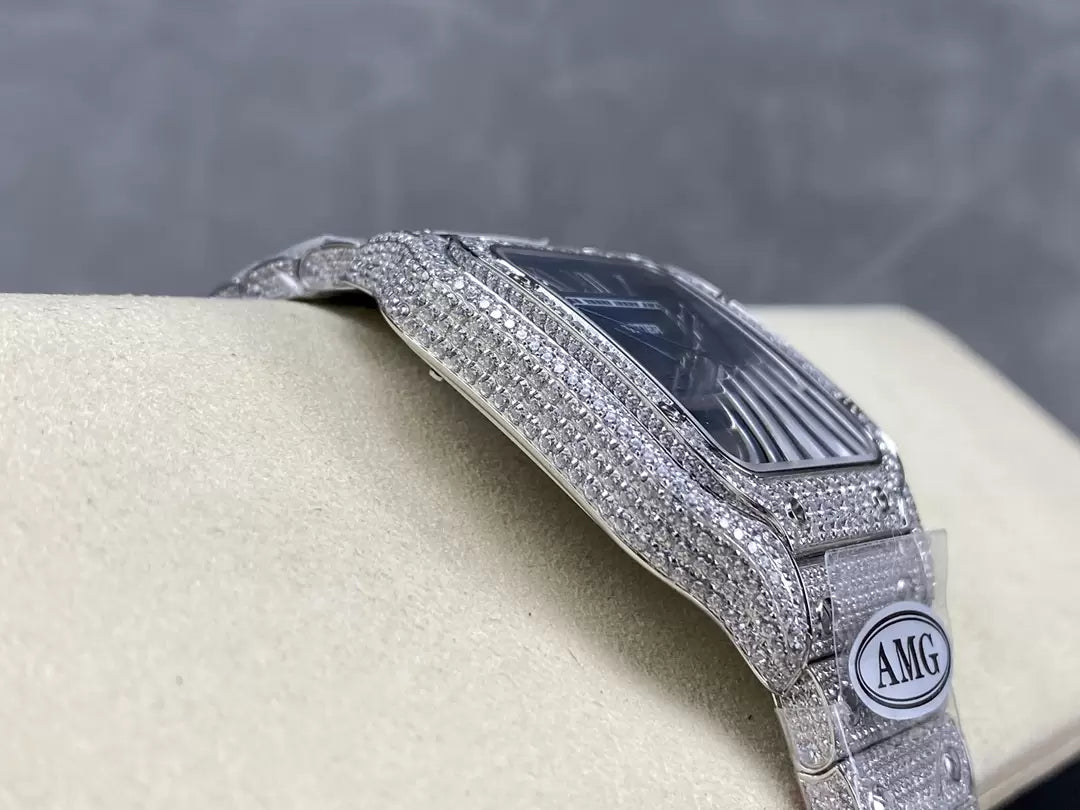 Montres Santos De Cartier Diamond Cadran Bleu et Argent 1:1 Meilleure Édition AMG Factory Swarovski Stone