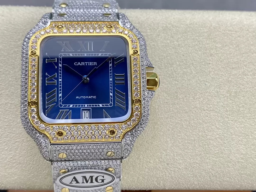 Montres Santos De Cartier Diamond Cadran Bleu et Or 1:1 Meilleure Édition AMG Factory Swarovski Stone
