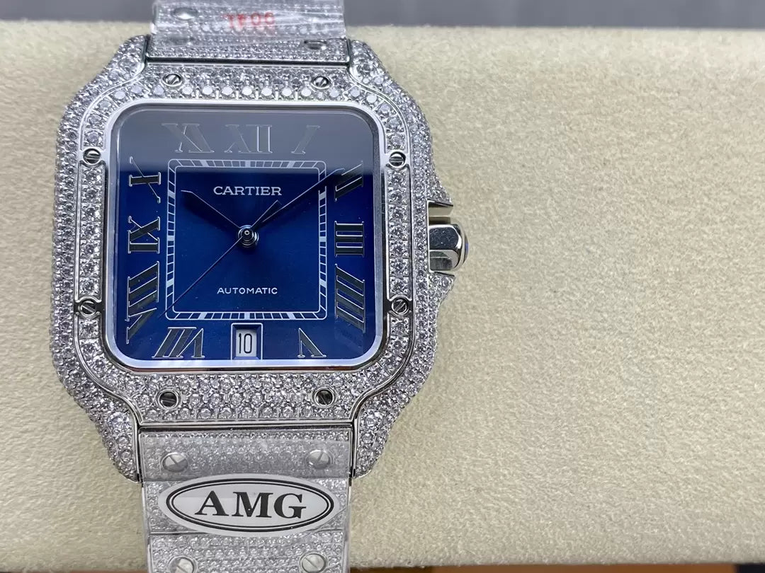 Montres Santos De Cartier Diamond Cadran Bleu et Argent 1:1 Meilleure Édition AMG Factory Swarovski Stone