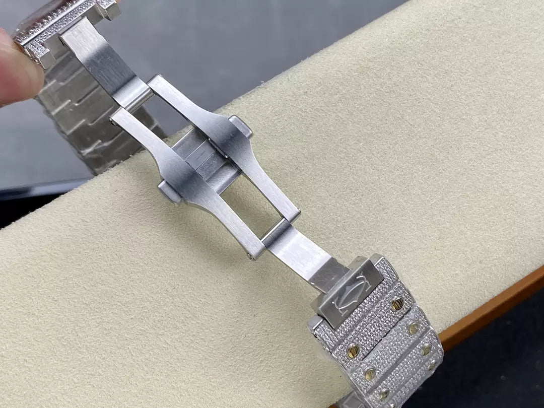 Montres Santos De Cartier Diamond Cadran Bleu et Or 1:1 Meilleure Édition AMG Factory Swarovski Stone