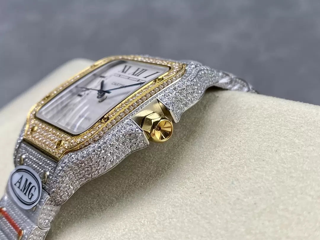 Montres Santos De Cartier Diamond Cadran Blanc et Or 1:1 Meilleure Édition AMG Factory Swarovski Stone
