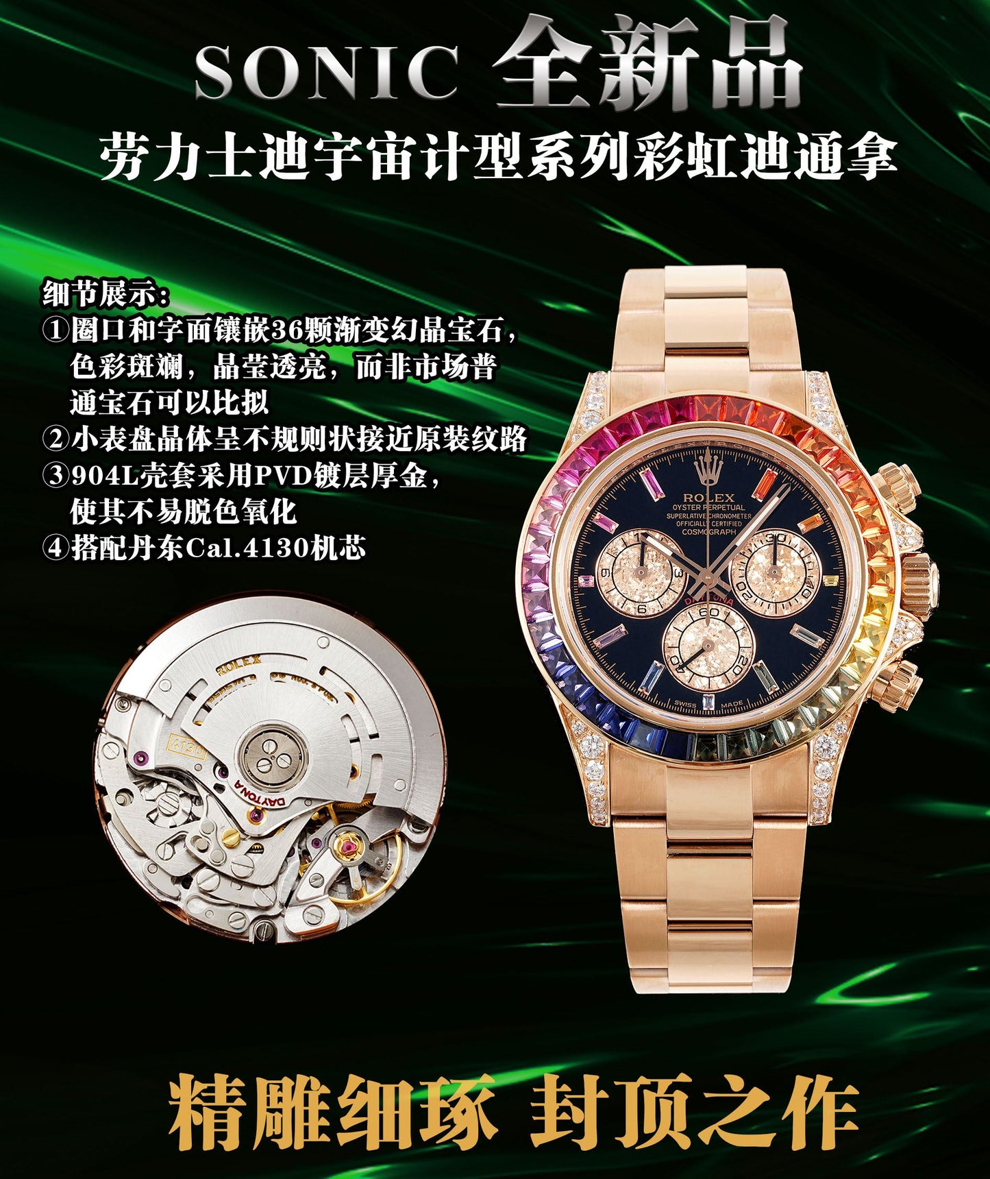 Rolex Daytona Rainbow Cadran Diamant Or Rose 40 mm 1:1 Super Clone Sonic Factory