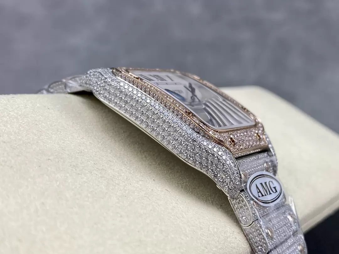 Montres Santos De Cartier Diamond Cadran Blanc 1:1 Meilleure Édition AMG Factory Swarovski Stone