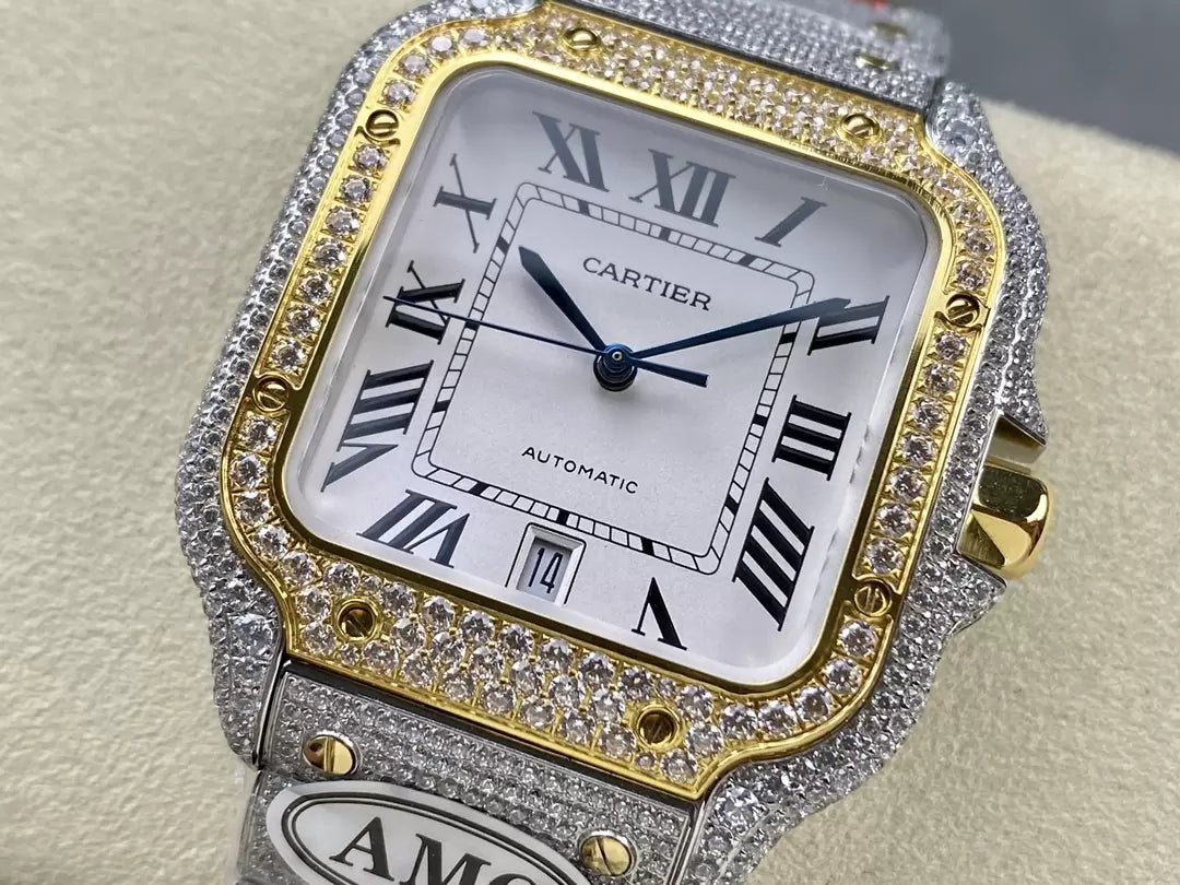 Montres Santos De Cartier Diamond Cadran Blanc et Or 1:1 Meilleure Édition AMG Factory Swarovski Stone