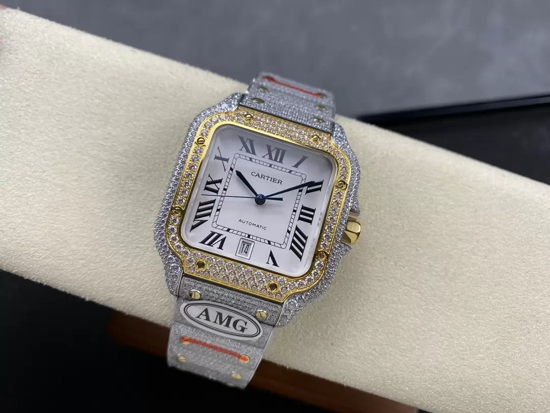 Montres Santos De Cartier Diamond Cadran Blanc et Or 1:1 Meilleure Édition AMG Factory Swarovski Stone