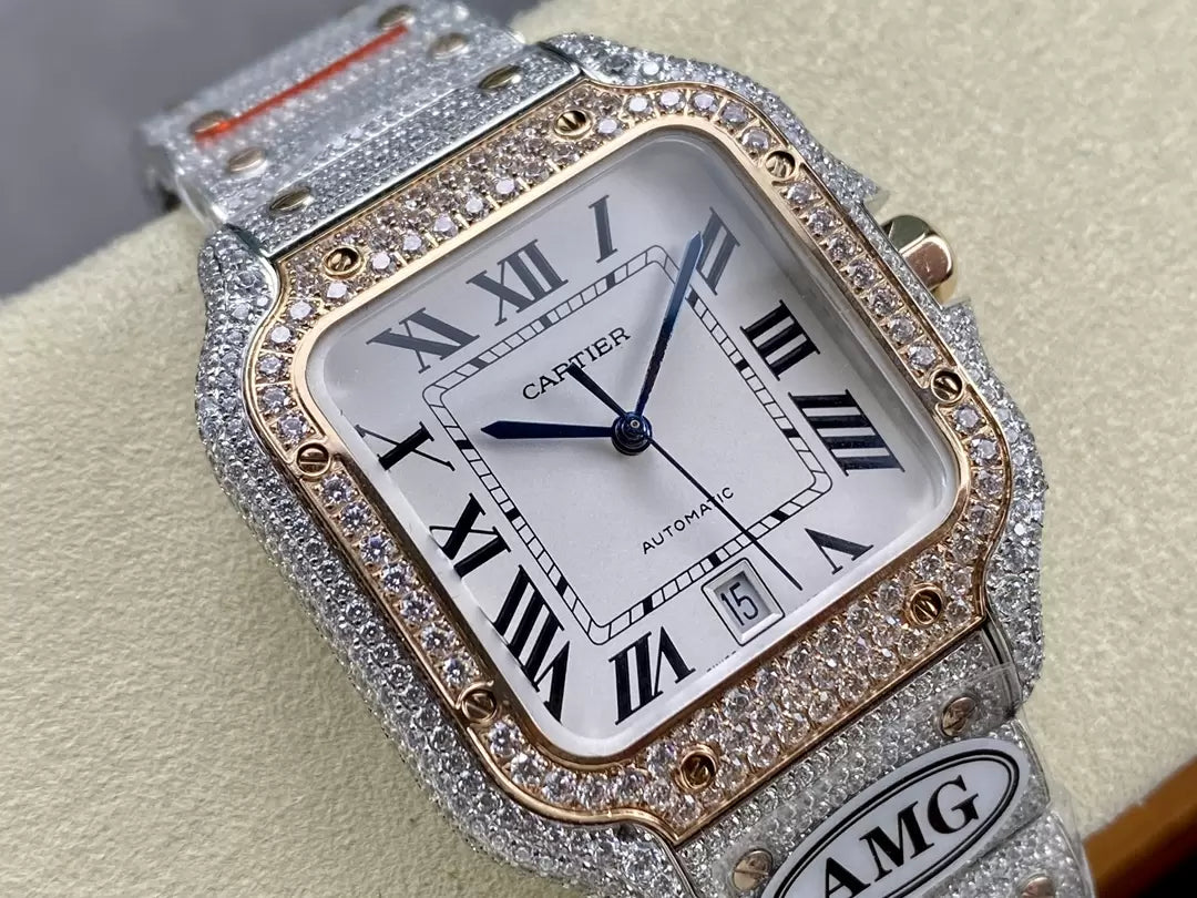 Montres Santos De Cartier Diamond Cadran Blanc 1:1 Meilleure Édition AMG Factory Swarovski Stone
