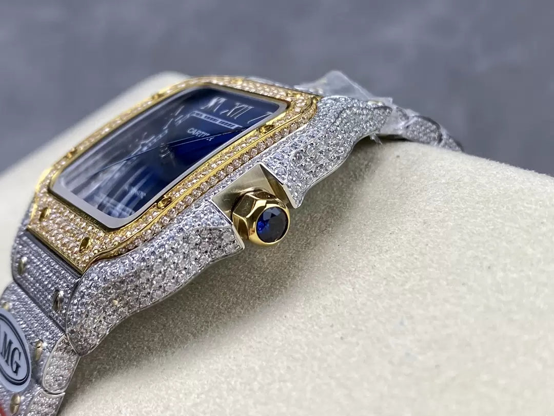 Montres Santos De Cartier Diamond Cadran Bleu et Or 1:1 Meilleure Édition AMG Factory Swarovski Stone