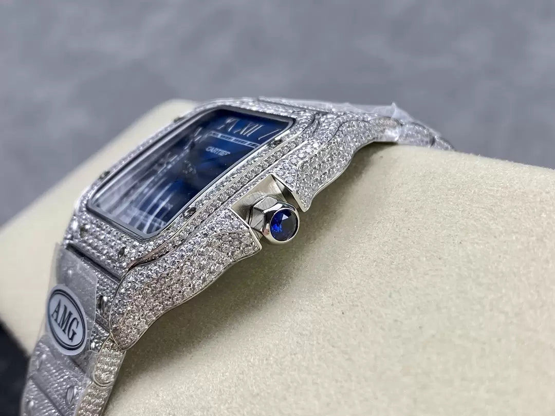 Montres Santos De Cartier Diamond Cadran Bleu et Argent 1:1 Meilleure Édition AMG Factory Swarovski Stone