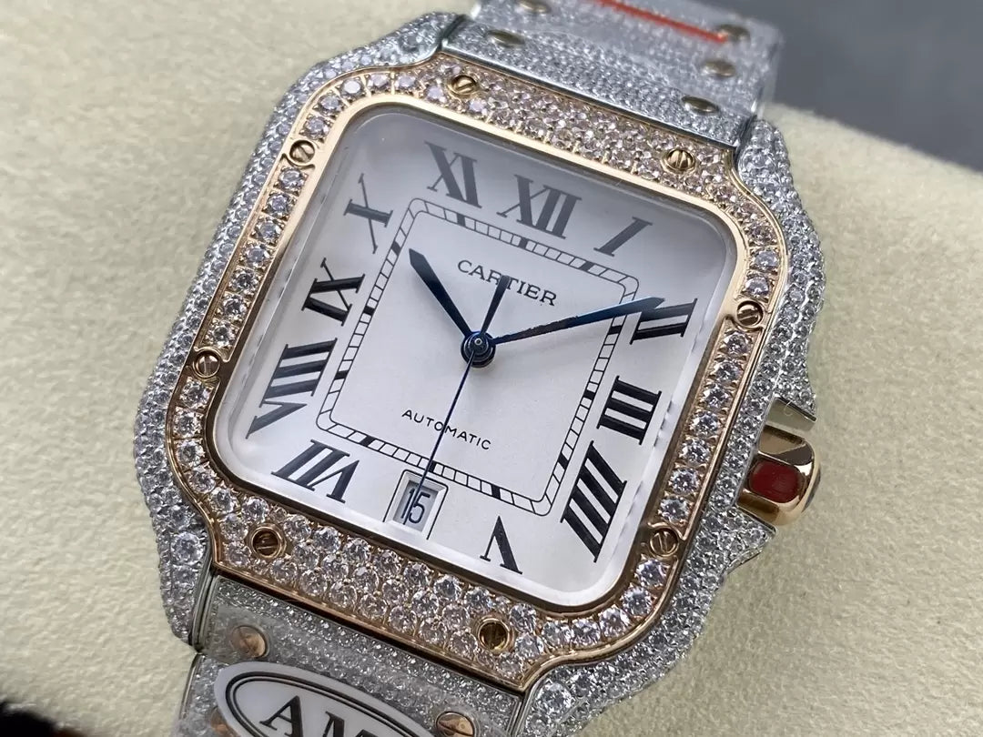 Montres Santos De Cartier Diamond Cadran Blanc 1:1 Meilleure Édition AMG Factory Swarovski Stone