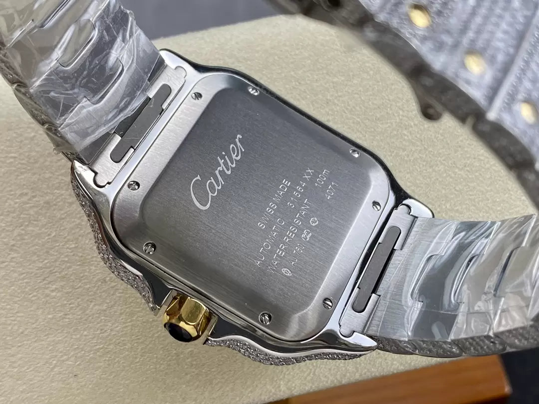 Montres Santos De Cartier Diamond Cadran Bleu et Or 1:1 Meilleure Édition AMG Factory Swarovski Stone