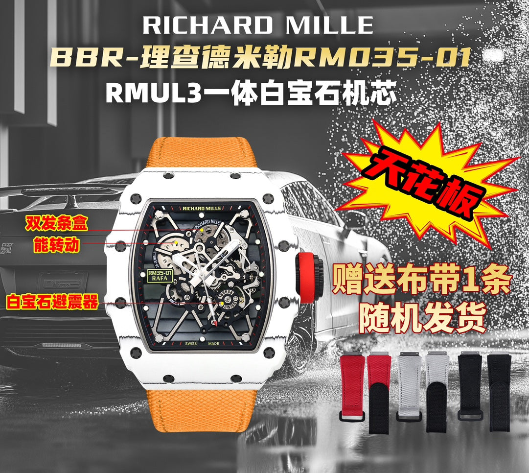 Richard Mille RM35-01 Weißer Carbon 1:1 Bester Klon BBR Factory V2 Gelbes Klettband