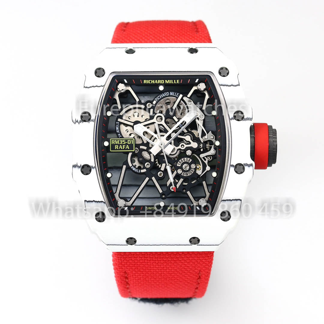 Richard Mille RM35-01 Weißer Carbon 1:1 Bester Klon BBR Factory V2 Rotes Klettband