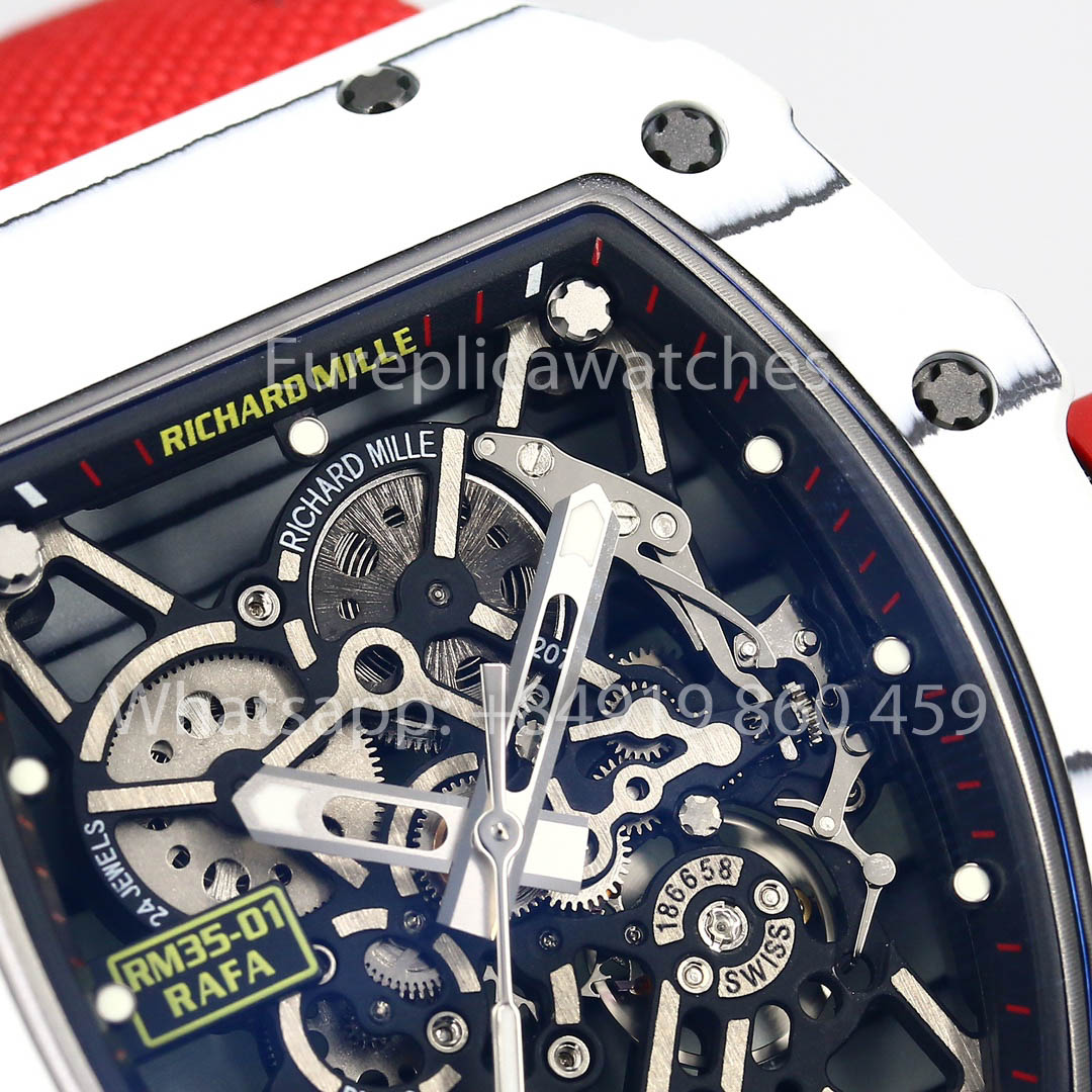 Richard Mille RM35-01 Weißer Carbon 1:1 Bester Klon BBR Factory V2 Rotes Klettband