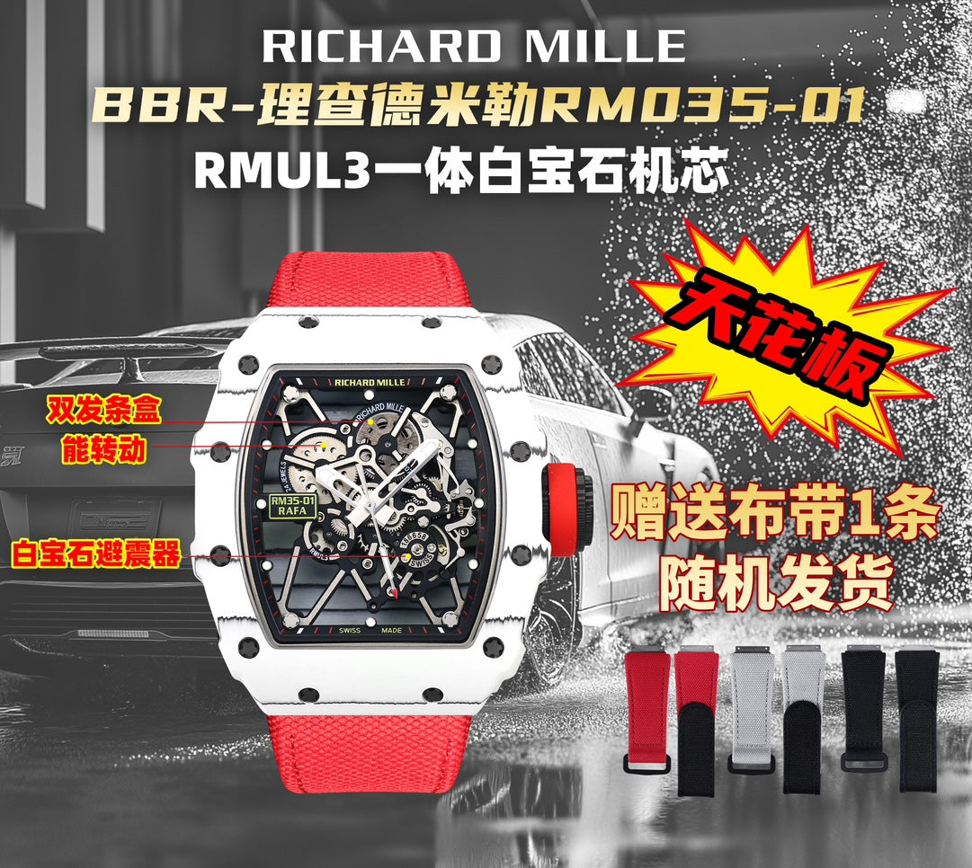 Richard Mille RM35-01 Weißer Carbon 1:1 Bester Klon BBR Factory V2 Rotes Klettband