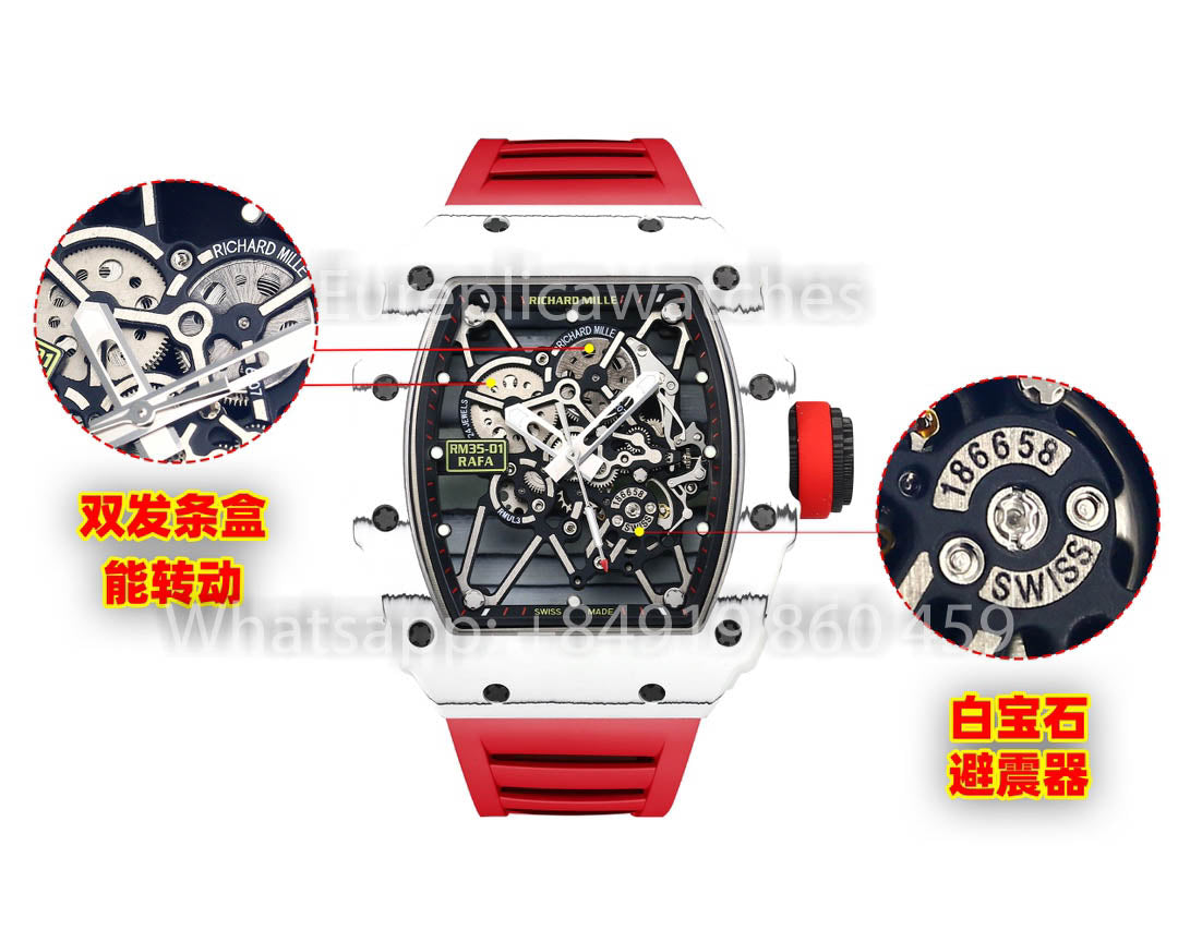 Richard Mille RM35-01 Carbone Blanc 1:1 Meilleur Clone BBR Factory V2 Bracelet en Caoutchouc Rouge