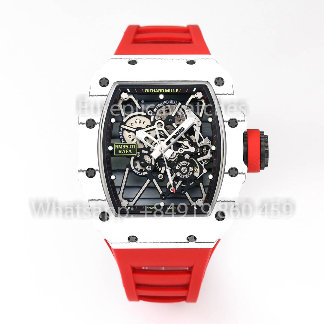 Richard Mille RM35-01 Carbone Blanc 1:1 Meilleur Clone BBR Factory V2 Bracelet en Caoutchouc Rouge