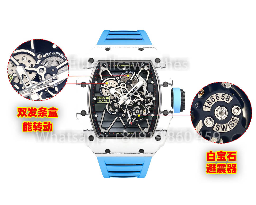 Richard Mille RM35-01 Weißer Kohlenstoff 1:1 Bester Klon BBR Factory V2 Blaues Gummiarmband