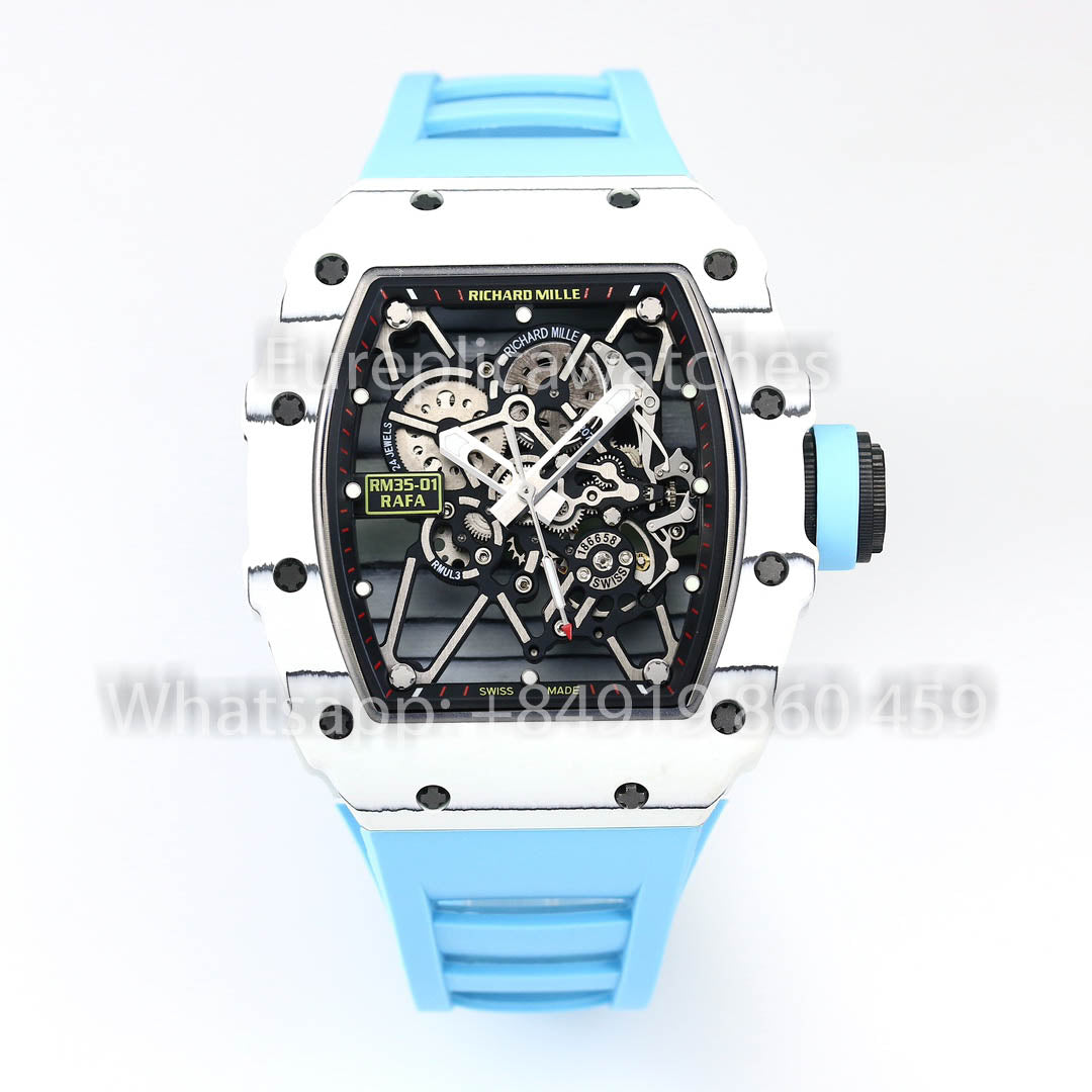 Richard Mille RM35-01 Weißer Kohlenstoff 1:1 Bester Klon BBR Factory V2 Blaues Gummiarmband