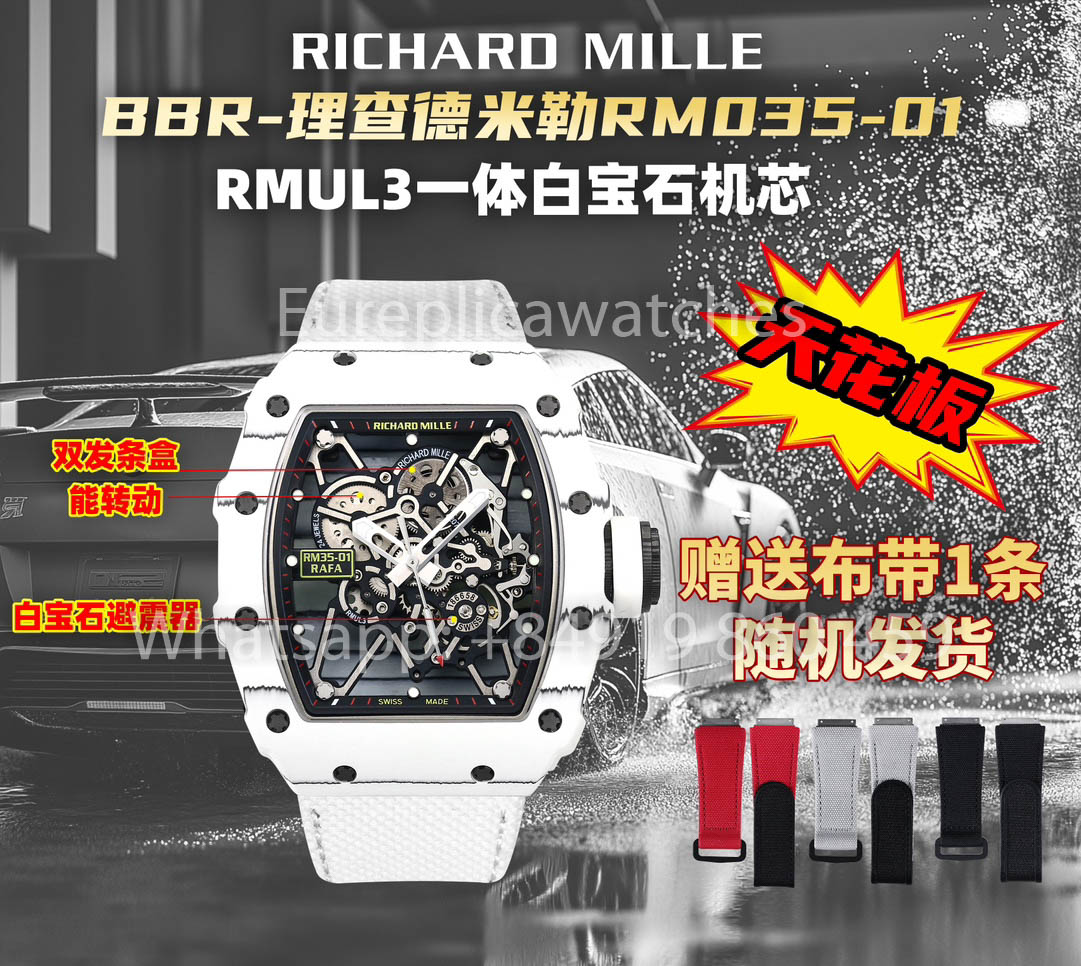 Richard Mille RM35-01 Carbone Blanc 1:1 Meilleur Clone BBR Factory V2 Bracelet Velcro Blanc