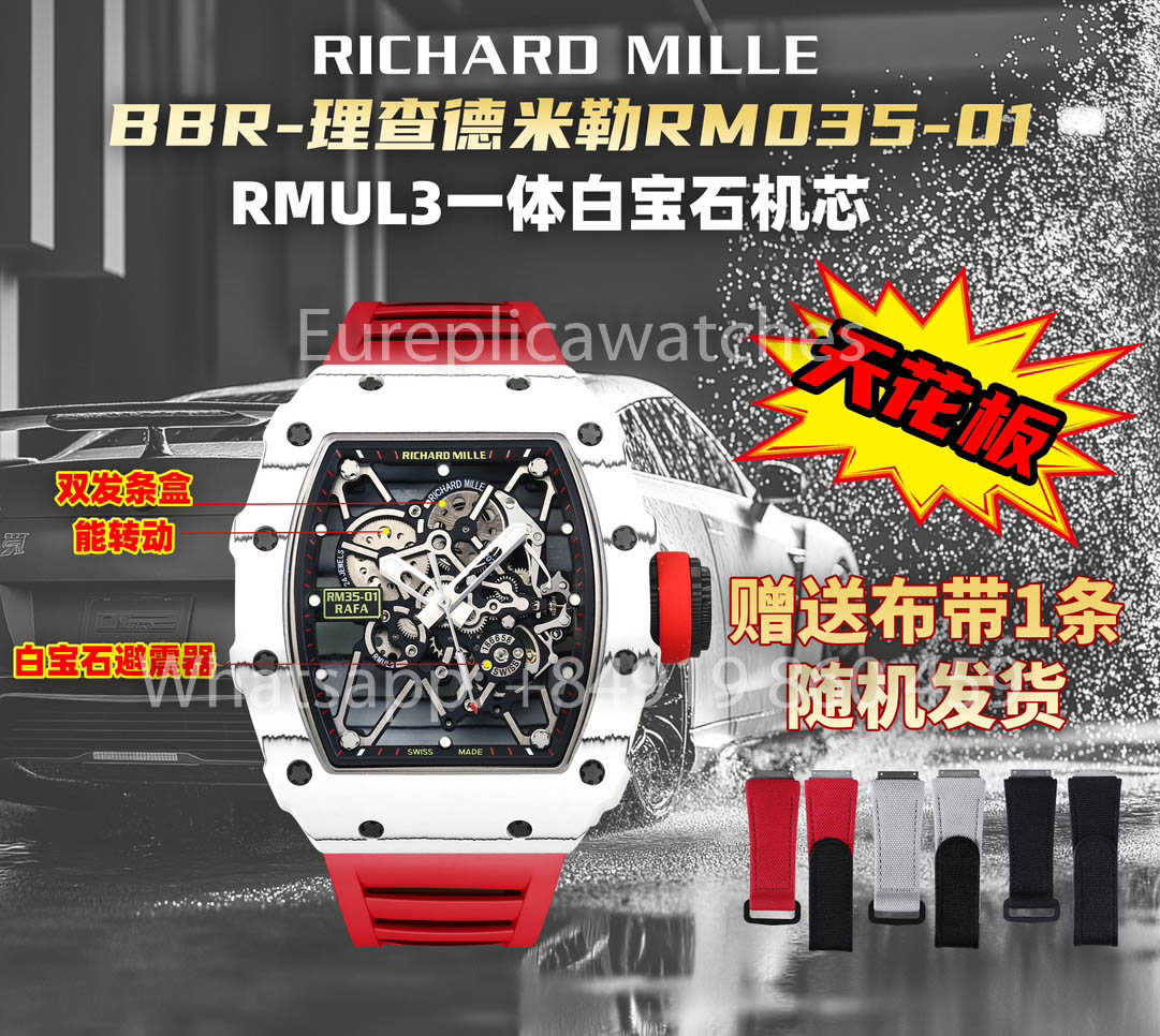 Richard Mille RM35-01 Carbone Blanc 1:1 Meilleur Clone BBR Factory V2 Bracelet en Caoutchouc Rouge