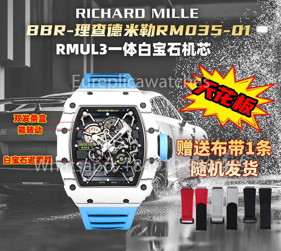 Richard Mille RM35-01 Weißer Kohlenstoff 1:1 Bester Klon BBR Factory V2 Blaues Gummiarmband
