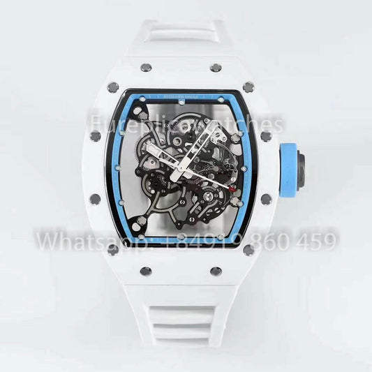 RICHARD MILLE RM055 Boîtier en céramique blanche 1:1 Meilleur clone APS Factory Cadran bleu Bracelet blanc