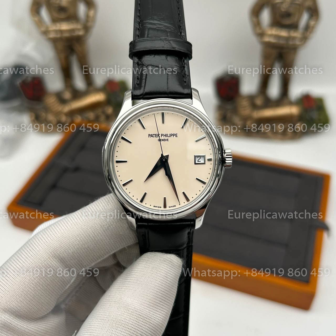 Patek Philippe Calatrava 5227G Cadran blanc 1:1 Meilleure édition 3K Bracelet en cuir noir d'usine