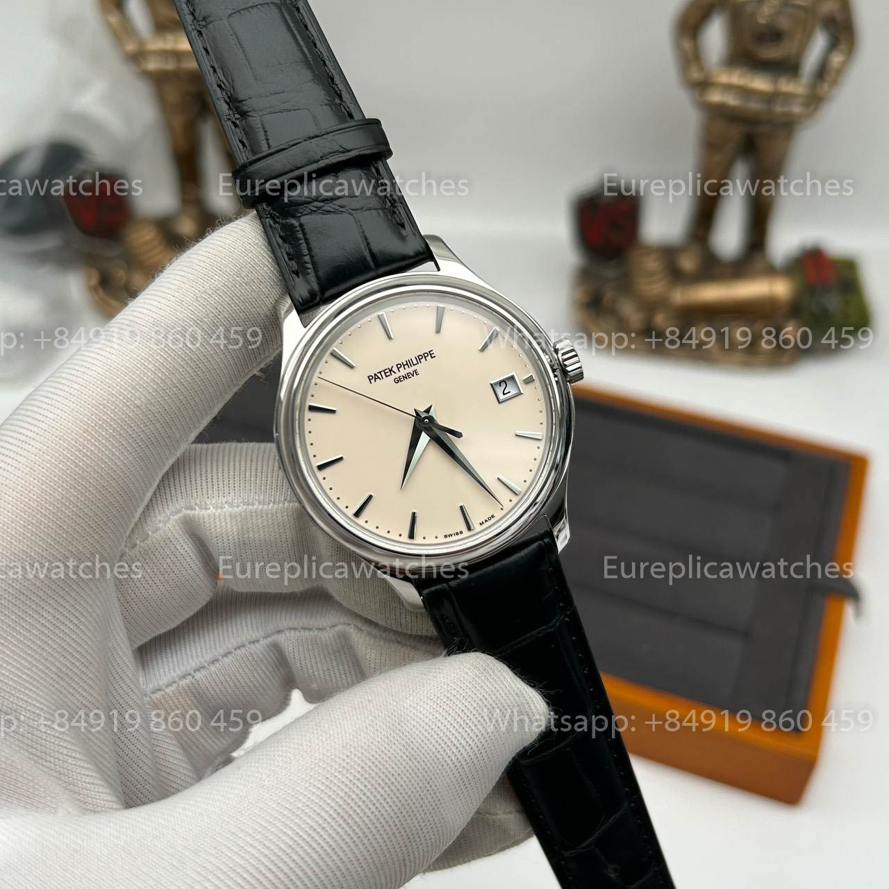 Patek Philippe Calatrava 5227G Cadran blanc 1:1 Meilleure édition 3K Bracelet en cuir noir d'usine