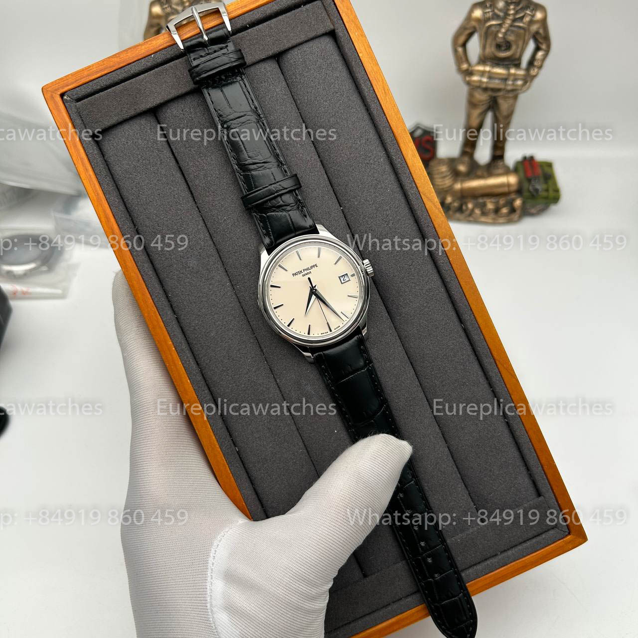 Patek Philippe Calatrava 5227G Cadran blanc 1:1 Meilleure édition 3K Bracelet en cuir noir d'usine