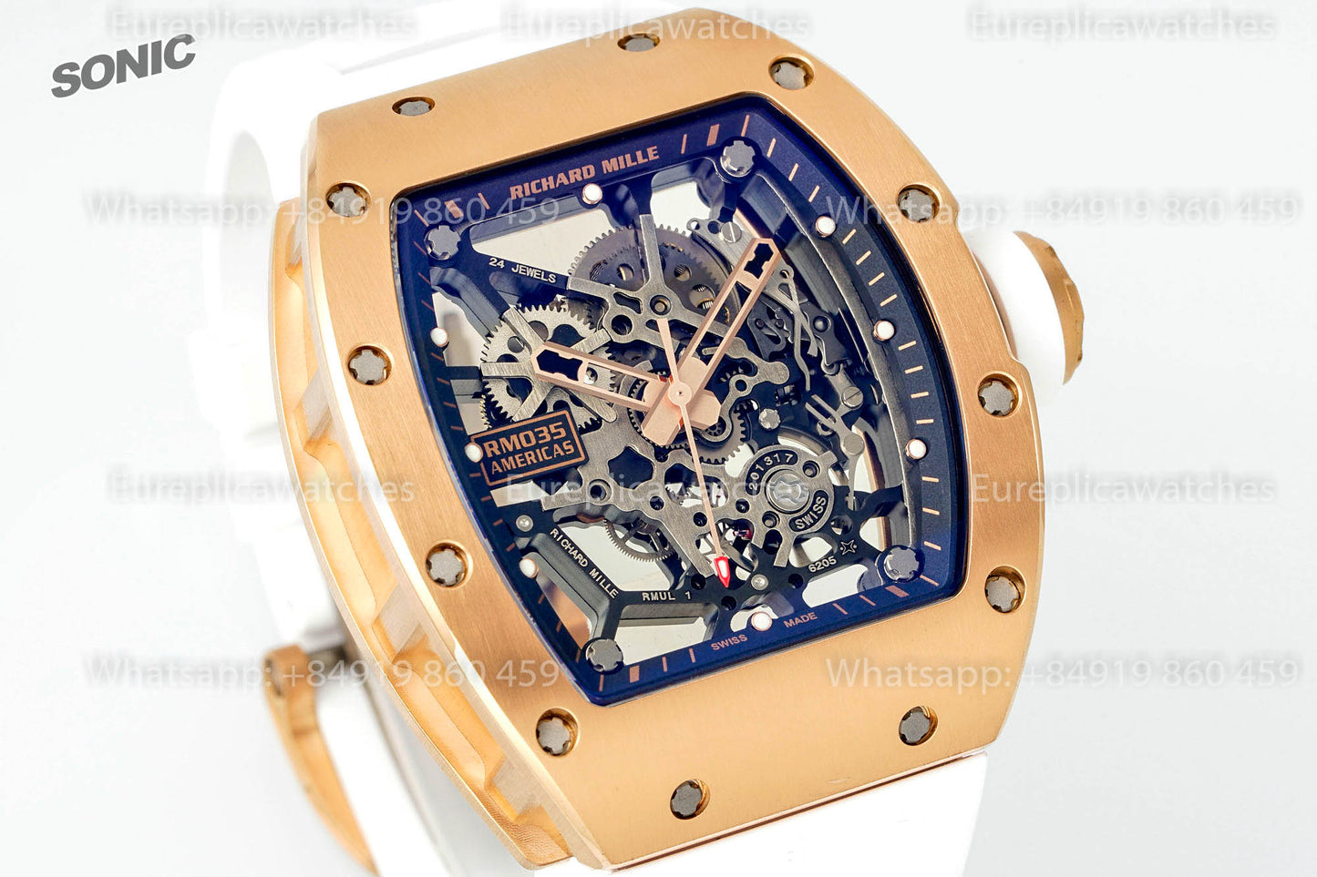 Montre Richard Mille RM035 Americas Gold Toro 1:1, meilleure version Sonic Factory V4, bracelet blanc