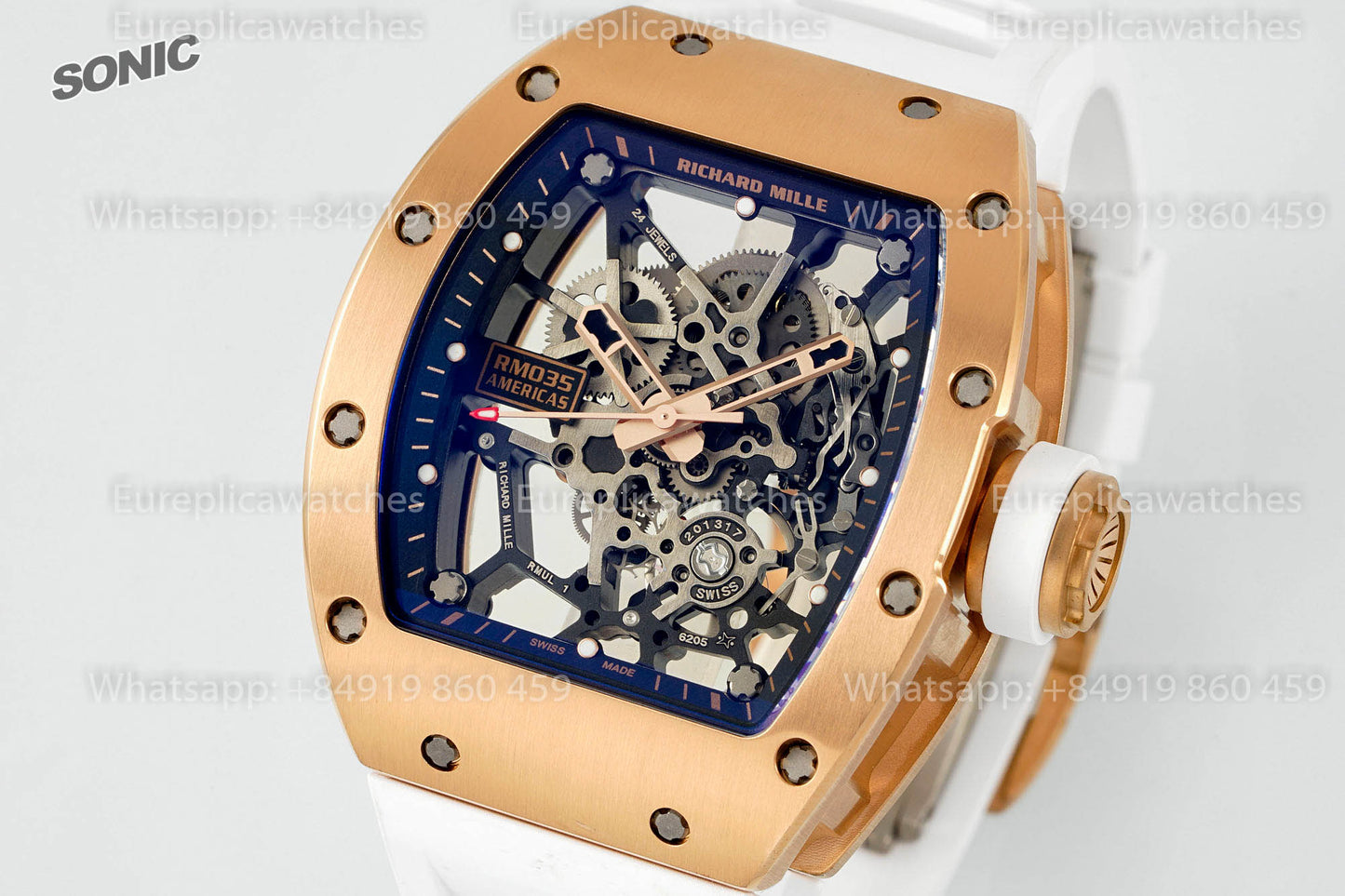 Montre Richard Mille RM035 Americas Gold Toro 1:1, meilleure version Sonic Factory V4, bracelet blanc