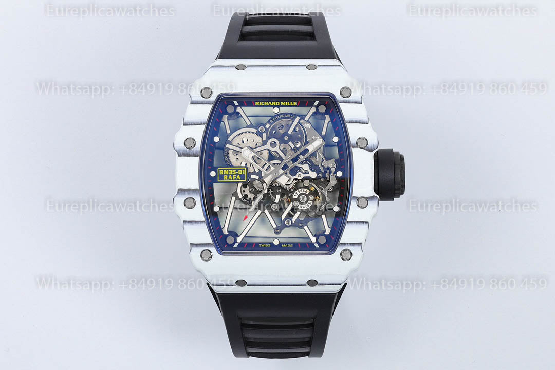 Richard Mille RM35-01 White Carbon 1:1 Meilleure Version Bracelet en Caoutchouc Noir Fabrique ZF