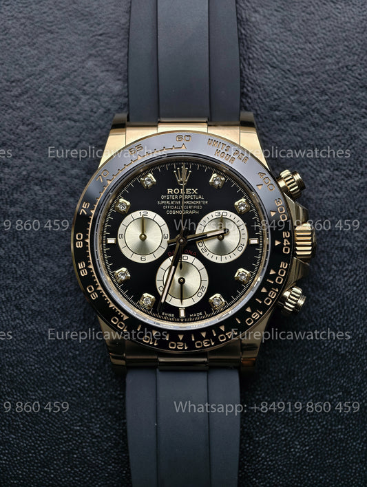 BDS Factory Rolex Cosmograph Daytona 126518LN Yellow Gold Black Diamond Dial Oysterflex – Full-Weight Edition