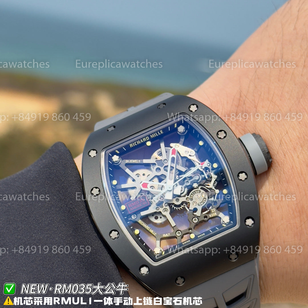 NEW Factory Richard Mille RM 035Americas – Black Ceramic Grey Rubber Strap
