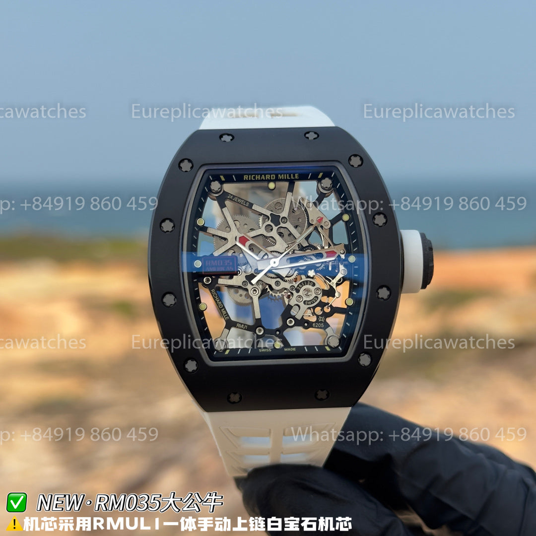 NEW Factory Richard Mille RM 035 Americas Edition – Black Ceramic & White Rubber Strap