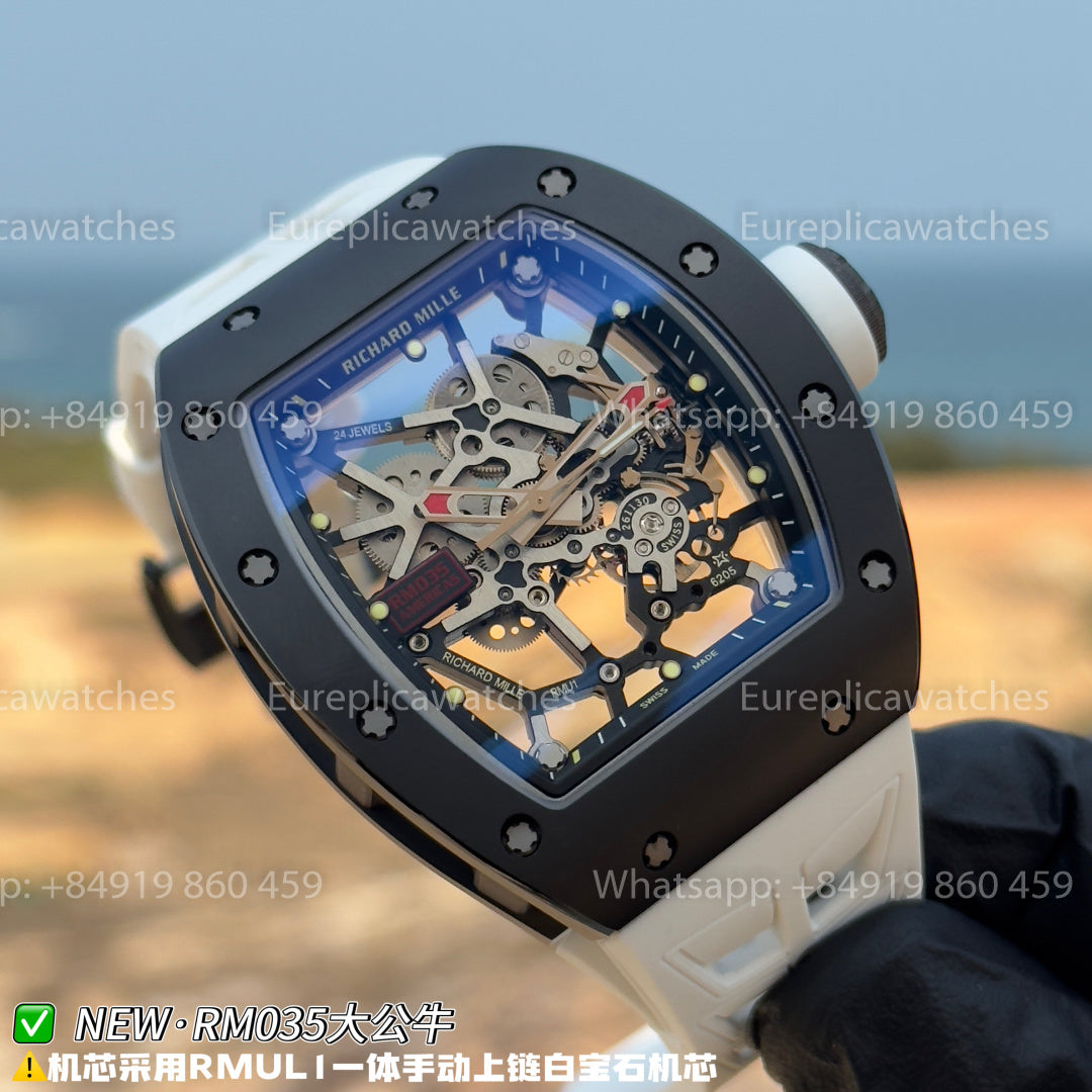 NEW Factory Richard Mille RM 035 Americas Edition – Black Ceramic & White Rubber Strap