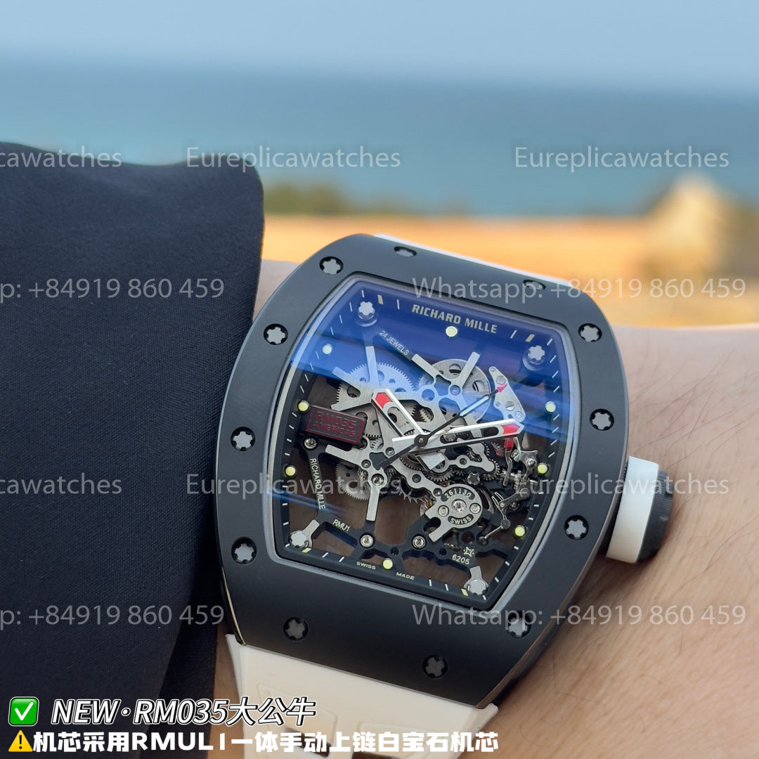 NEW Factory Richard Mille RM 035 Americas Edition – Black Ceramic & White Rubber Strap