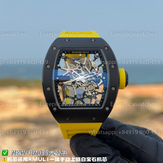 NEW Factory Richard Mille RM 035 Americas Edition – Black Ceramic & Yellow Rubber Strap
