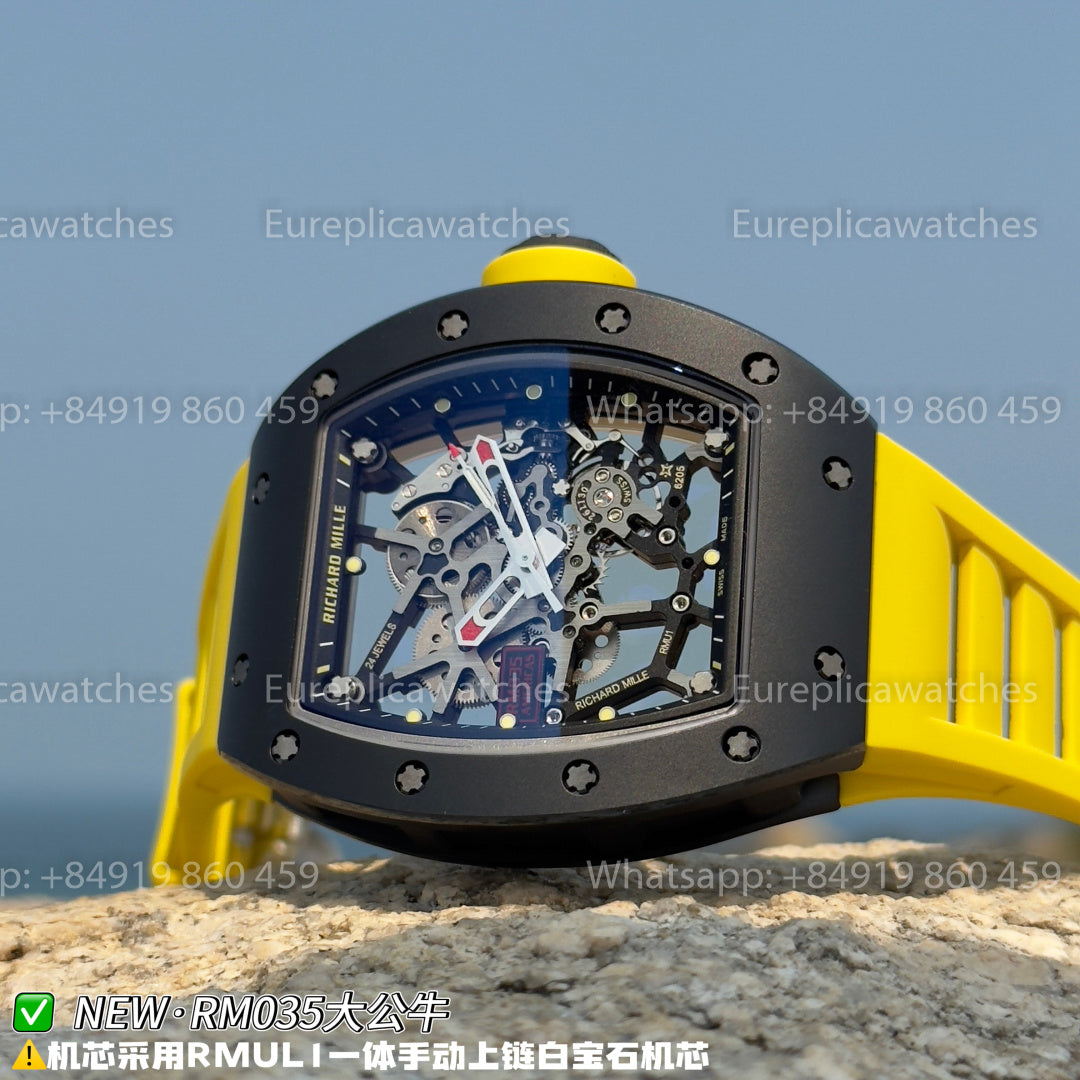 NEW Factory Richard Mille RM 035 Americas Edition – Black Ceramic & Yellow Rubber Strap