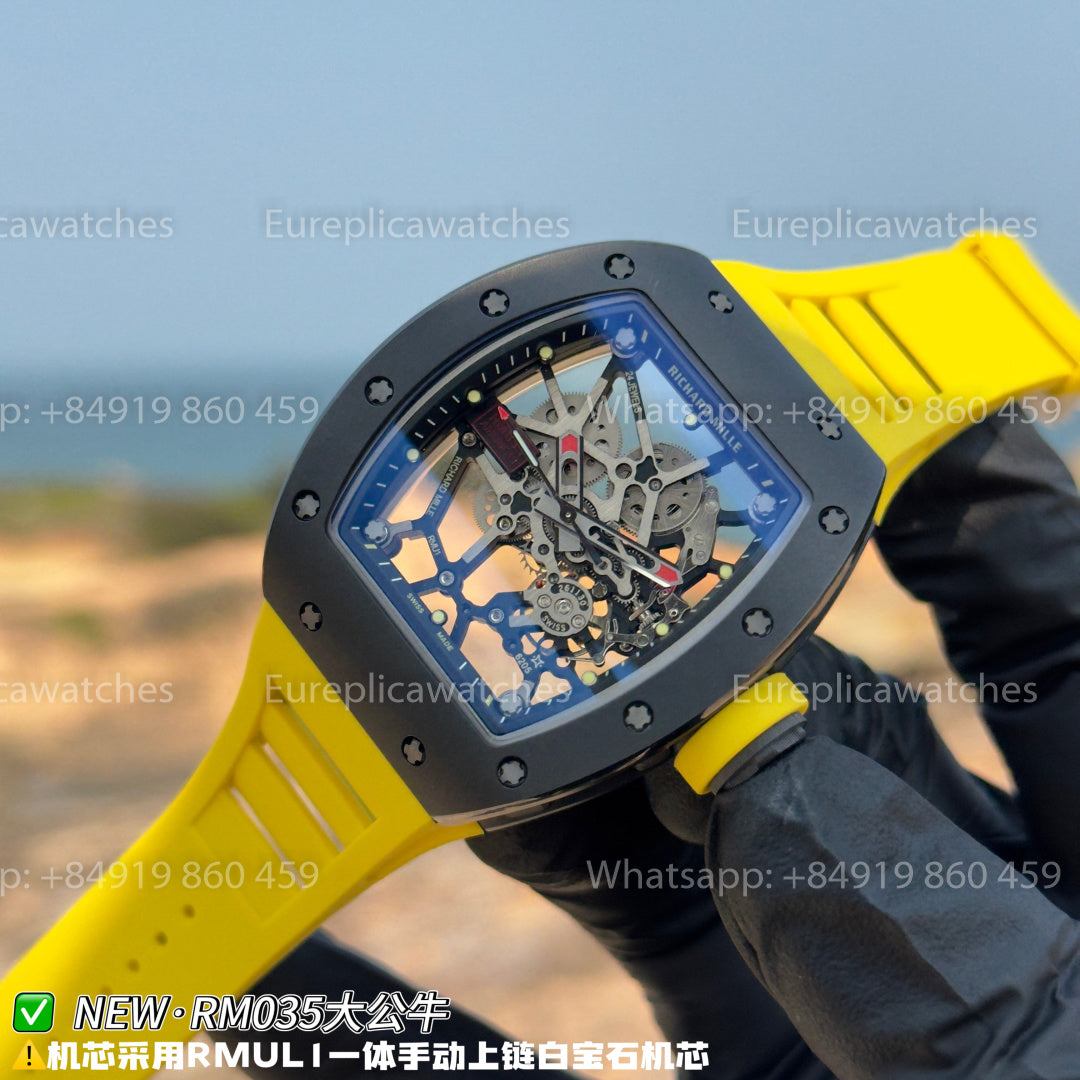NEW Factory Richard Mille RM 035 Americas Edition – Black Ceramic & Yellow Rubber Strap