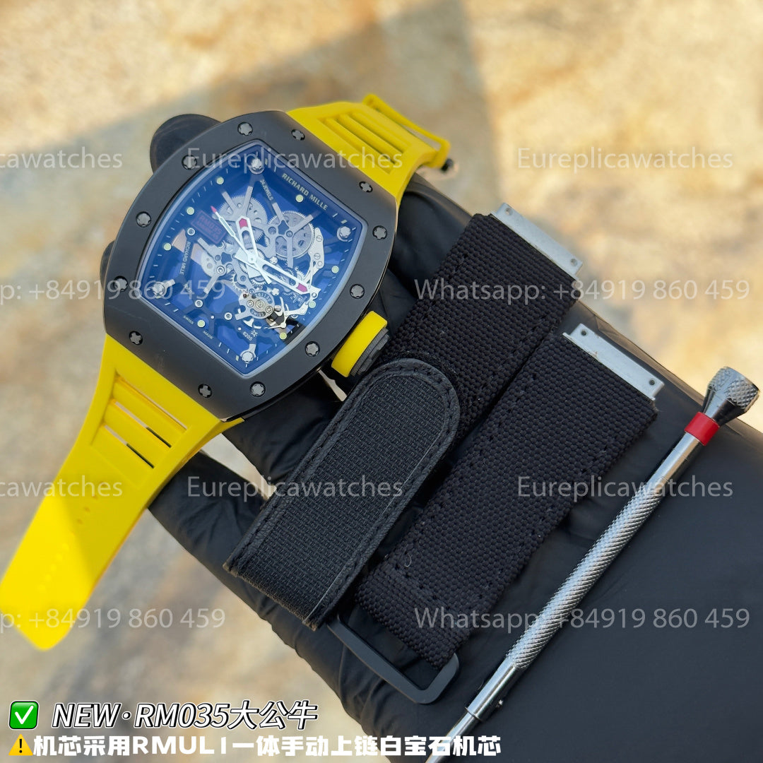NEW Factory Richard Mille RM 035 Americas Edition – Black Ceramic & Yellow Rubber Strap