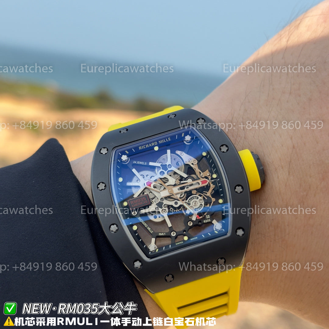 NEW Factory Richard Mille RM 035 Americas Edition – Black Ceramic & Yellow Rubber Strap