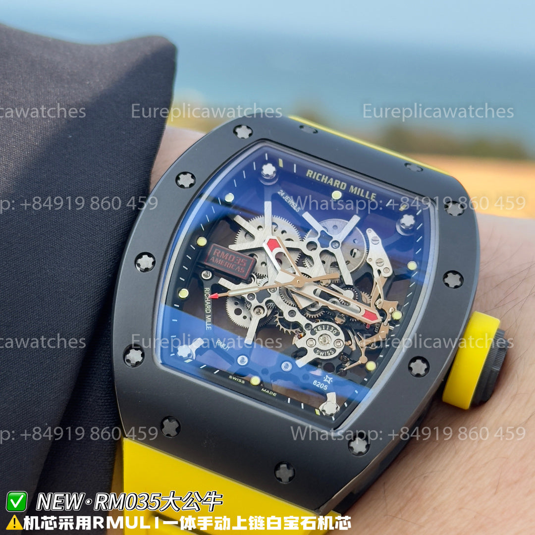 NEW Factory Richard Mille RM 035 Americas Edition – Black Ceramic & Yellow Rubber Strap