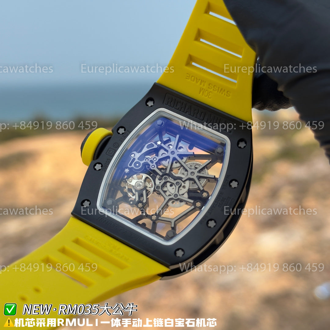 NEW Factory Richard Mille RM 035 Americas Edition – Black Ceramic & Yellow Rubber Strap